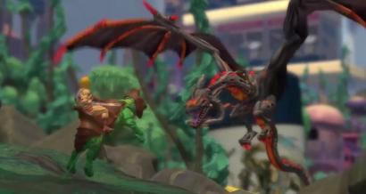 He-Man greift auf Battle Cat einen Drachen an.