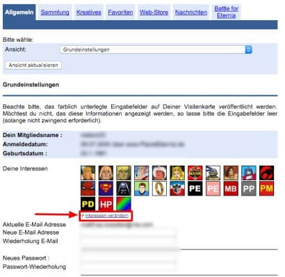 Interessen unter Mein Eternia festlegen