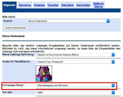 Homepage-Design unter Mein Eternia anpassen