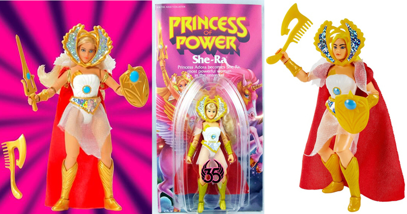 Links & Mitte: She-Ra Power-Con Exclusive. Rechts: Regulre Figur mit Axtkamm