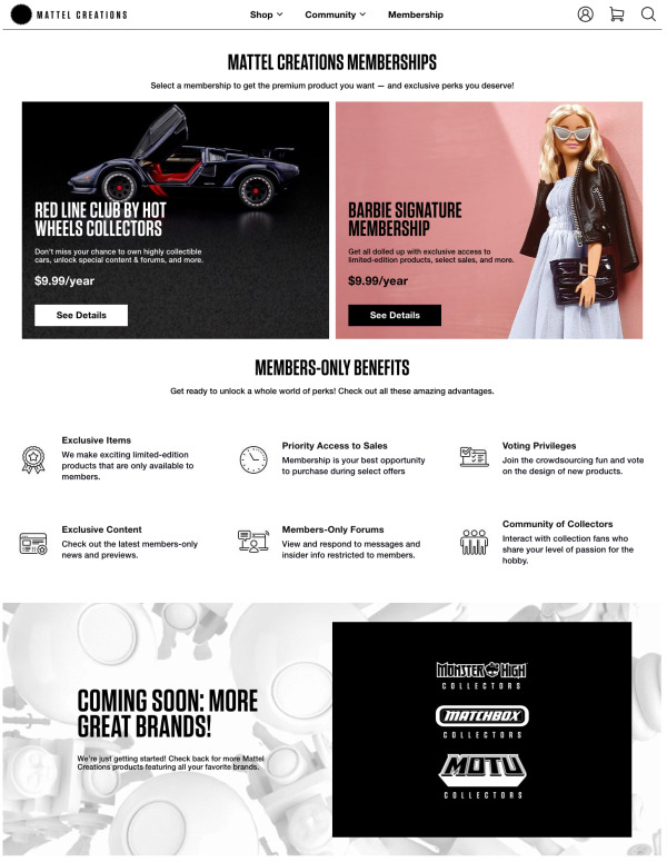 Screenshot Mattel Creations Membership-Seite