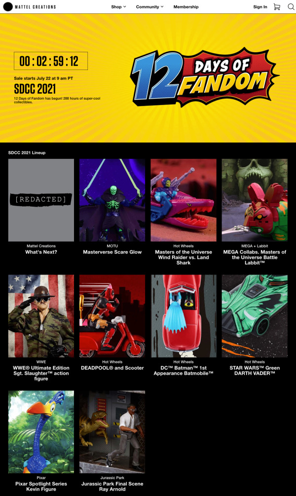 Screenshot Mattel Creations SDCC 2021 Sale-Seite