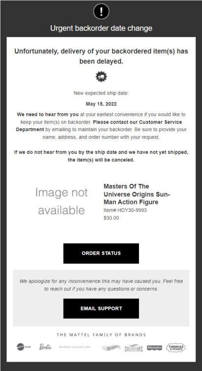 Diese Mail sorgt aktuell bei Vorbestellern der Sun-Man MC Exclusive-Figur fr Verwirrung