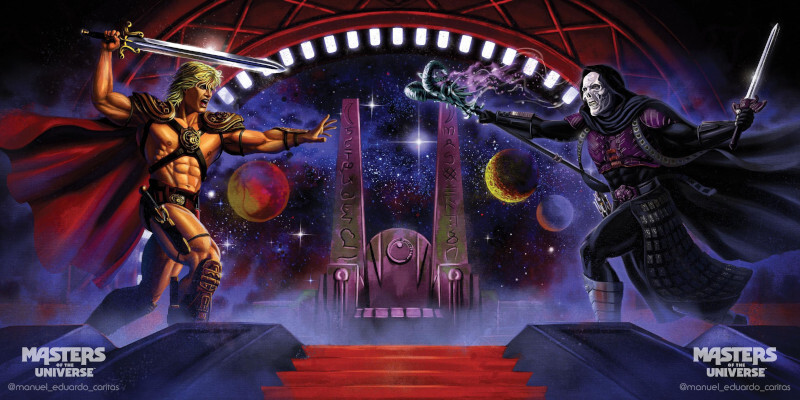 Zusammengestellt ergeben beide Artworks eine Kampfszene zwischen He-Man und Skeletor im Thronsaal des Realfilm Castle Grayskulls