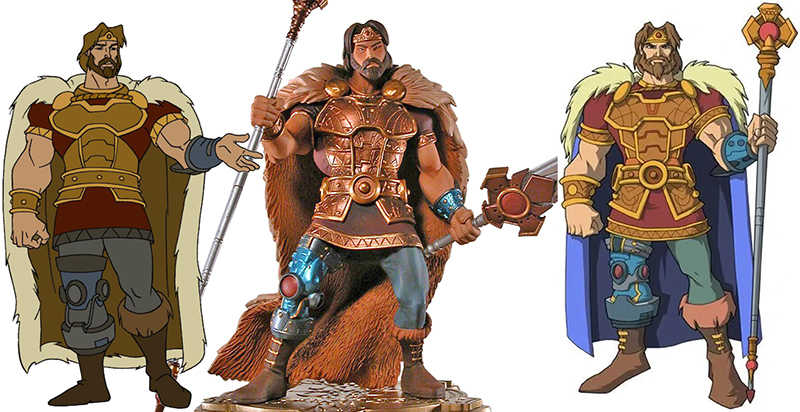 Links: Cartoon-Entwurf. Mitte: erste Mini-Statue. Rechts: Fanart auf Basis der 200X-Designs.