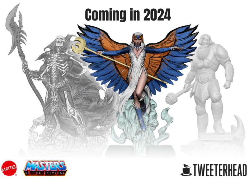 MotU Legends Statuen-Prototypen von Man-At-Arms, Sorceress und Scare Glow Stand August 2023