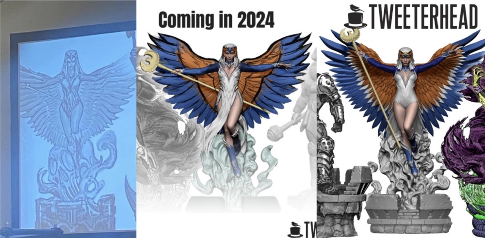 Evolution der Sorceress Maquette: Power-Con 2022, Power-Con 2023, Newsletter Frhjahr 2024