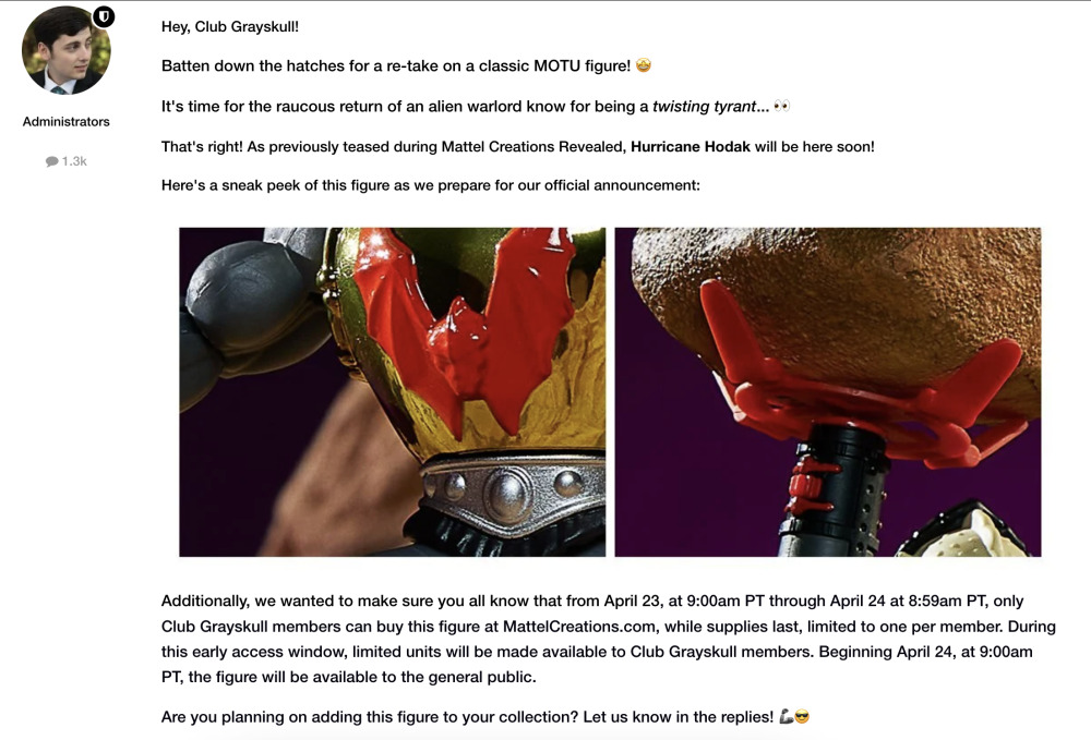 Screenshot des Posts im Club Grayskull-Memberforum